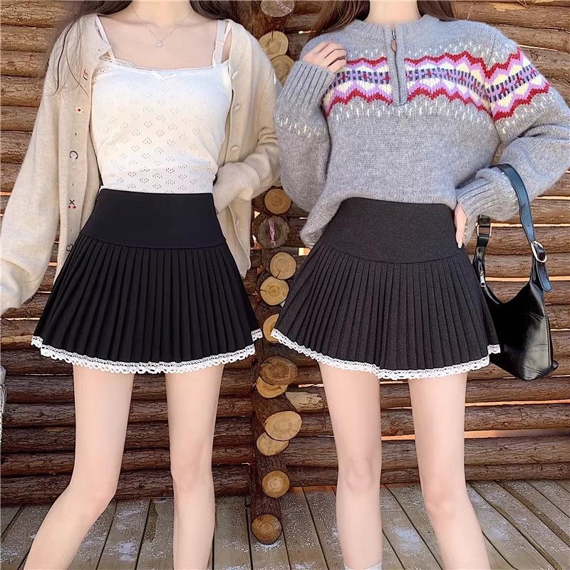 Spring Sexy Pleated Lace-Trim High Waist Woolen Skirt