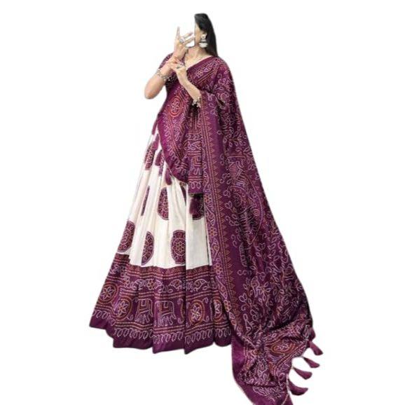 Women's Bandhej Printeed Tussar Sillk Lehenga Choli Set  ,Unstiched Blouse