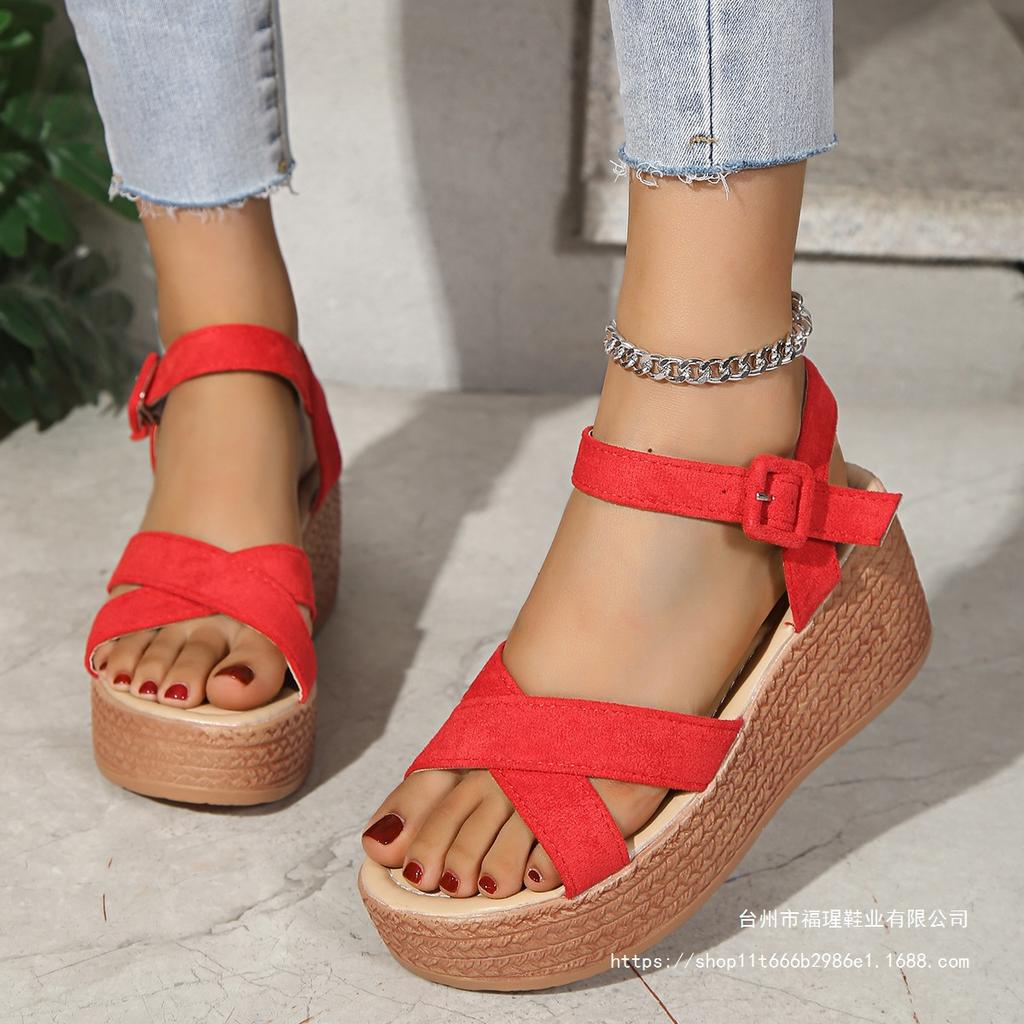Sandals women's foreign trade large size 2025 summer new muffin wedge heel platform sandals suede women's high-heeled sandals