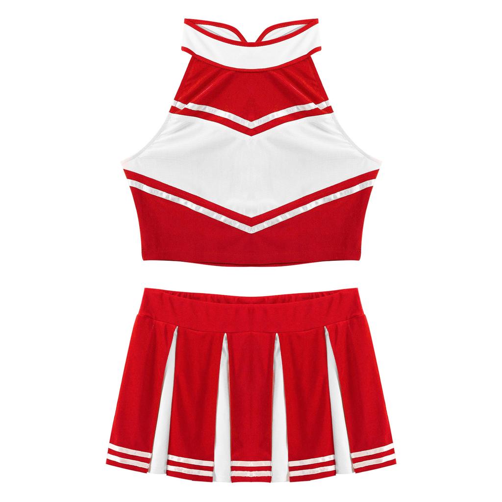 Frauen Erwachsene Cheerleading Uniform Cosplay Kostüm Ärmelloses Crop Top mit Falten Rock Outfits