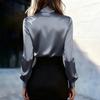 Women Shirt Stand Collar Lace-up Long Sleeve Satin Texture Shirt Solid Color Regular Fit Office Lady Shirt Spring Autumn Casual Tops