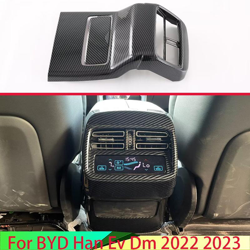 For BYD Han Ev Dm   Car Accessories Carbon Fiber Style Plated Armrest Box Rear Air Vent Frame Trim Cover