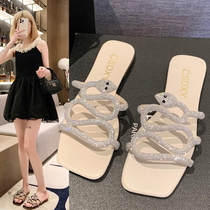 Slippers New Large Size Slippers Women's Rhinestone Flat Sandals Wear One Word Square Head Sandals