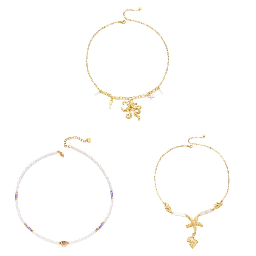 Ensemble de colliers en acier inoxydable avec accents perle et coquillage pour femmes et hommes