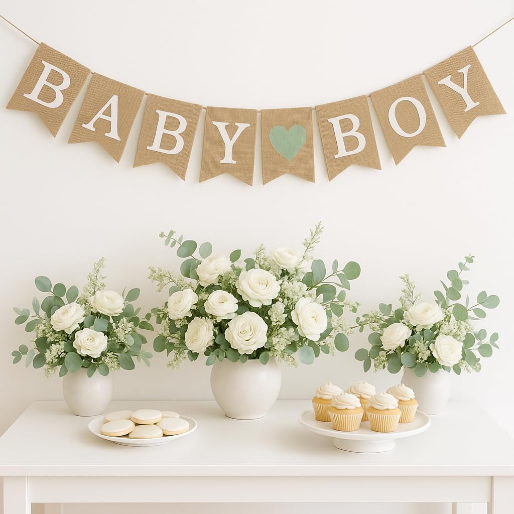Baby Boy Burlap Banner for Baby Shower and Gender Reveal Party, Sage Green Heart