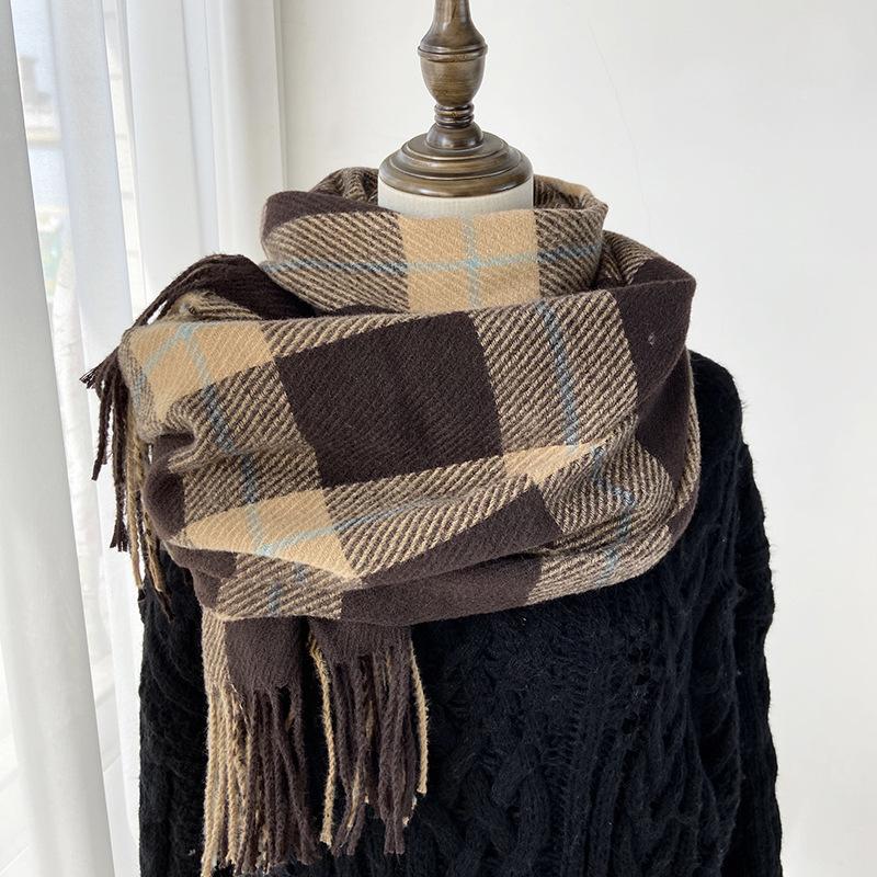 Plaid Scarf Women's New Autumn and Winter Fashion Imitation Cashmere Fringed Shawl Thickened Warm Scarf Windproof, Warm & Decorative, Casual Shawl