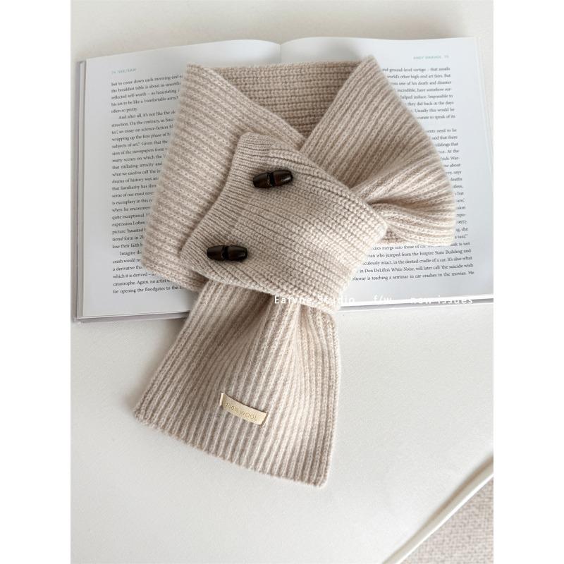 Pure Wool Horn Button Scarf Solid Color Small Scarf Cross Ladies Lazy Warm Autumn and Winter Collar