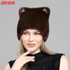 JERYAFUR Women Faux Fur Cat Ear Winter Hat, Cute Rhinestone Decor Fluffy Warm Fashion Ladies Cap for Cold Weather