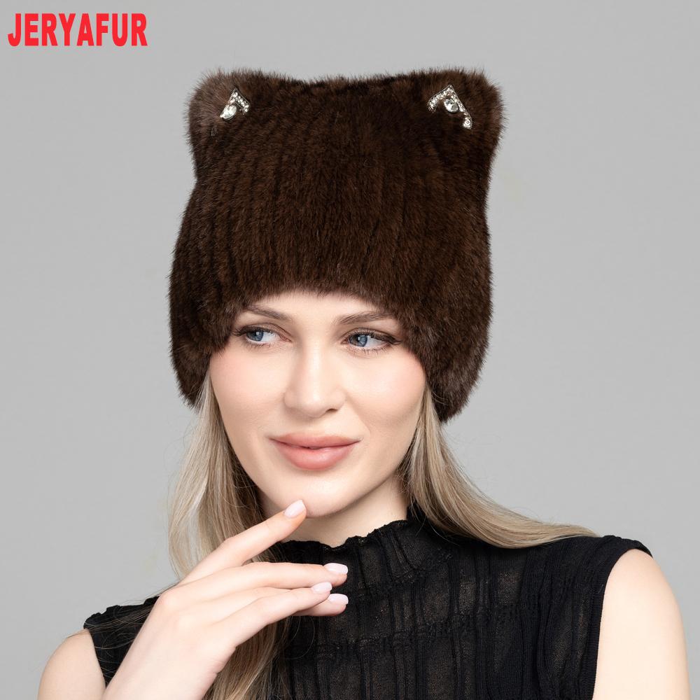 JERYAFUR Women Faux Fur Cat Ear Winter Hat, Cute Rhinestone Decor Fluffy Warm Fashion Ladies Cap for Cold Weather