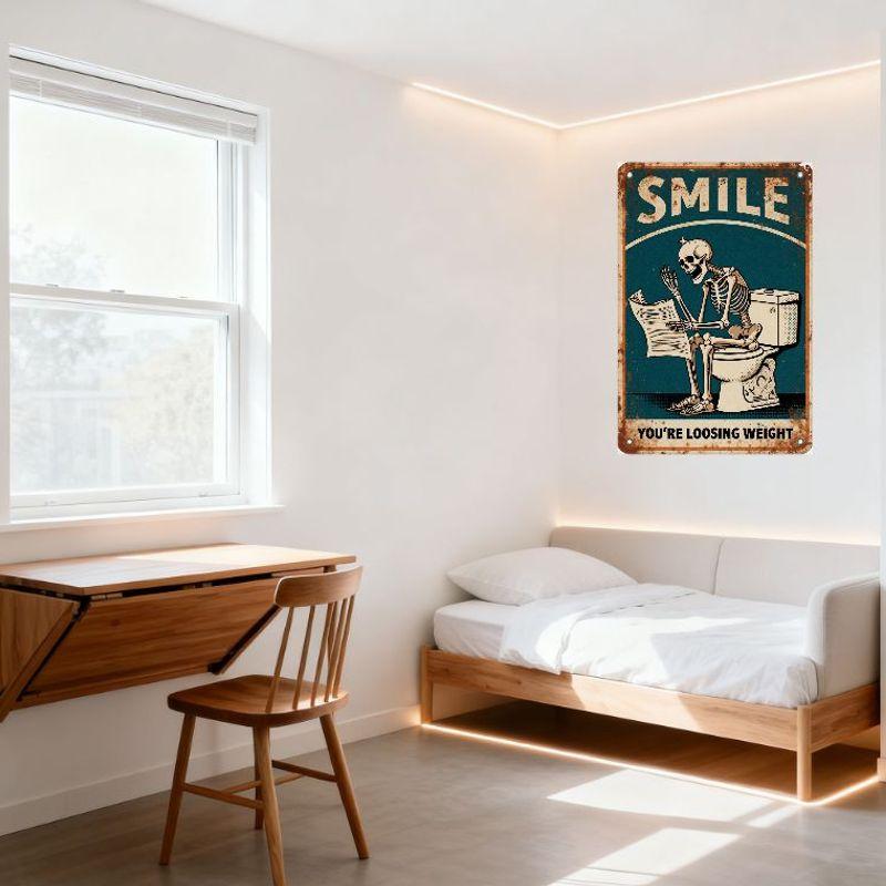 Vintage Rusty Teal Metal Sign 'SMILE' with Skeleton on Toilet Reading Newspaper, 'YOU’RE LOOSING WEIGHT' Humorous Novelty Plaque