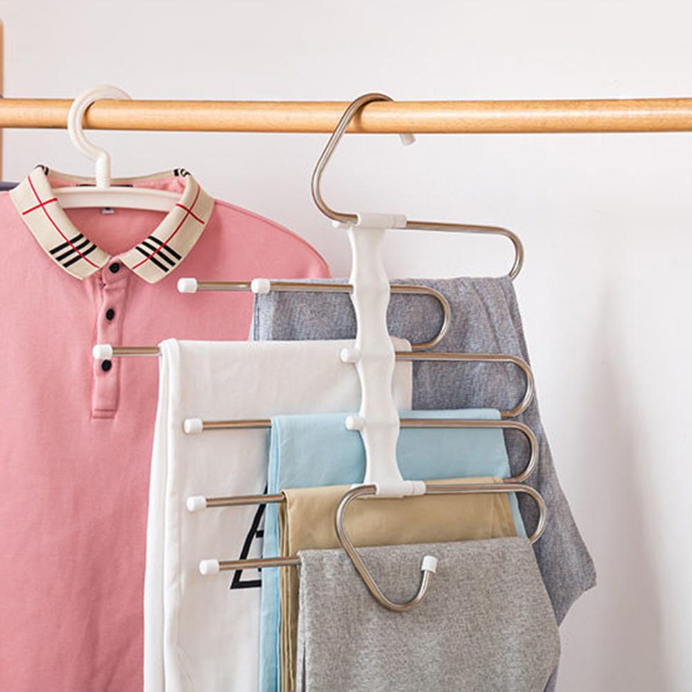 Stainless Steel Folding Clothes Rack Multifunction Telescopic Pants Hanger Space Saving Multi-Layer Pants Rack for Home Storage