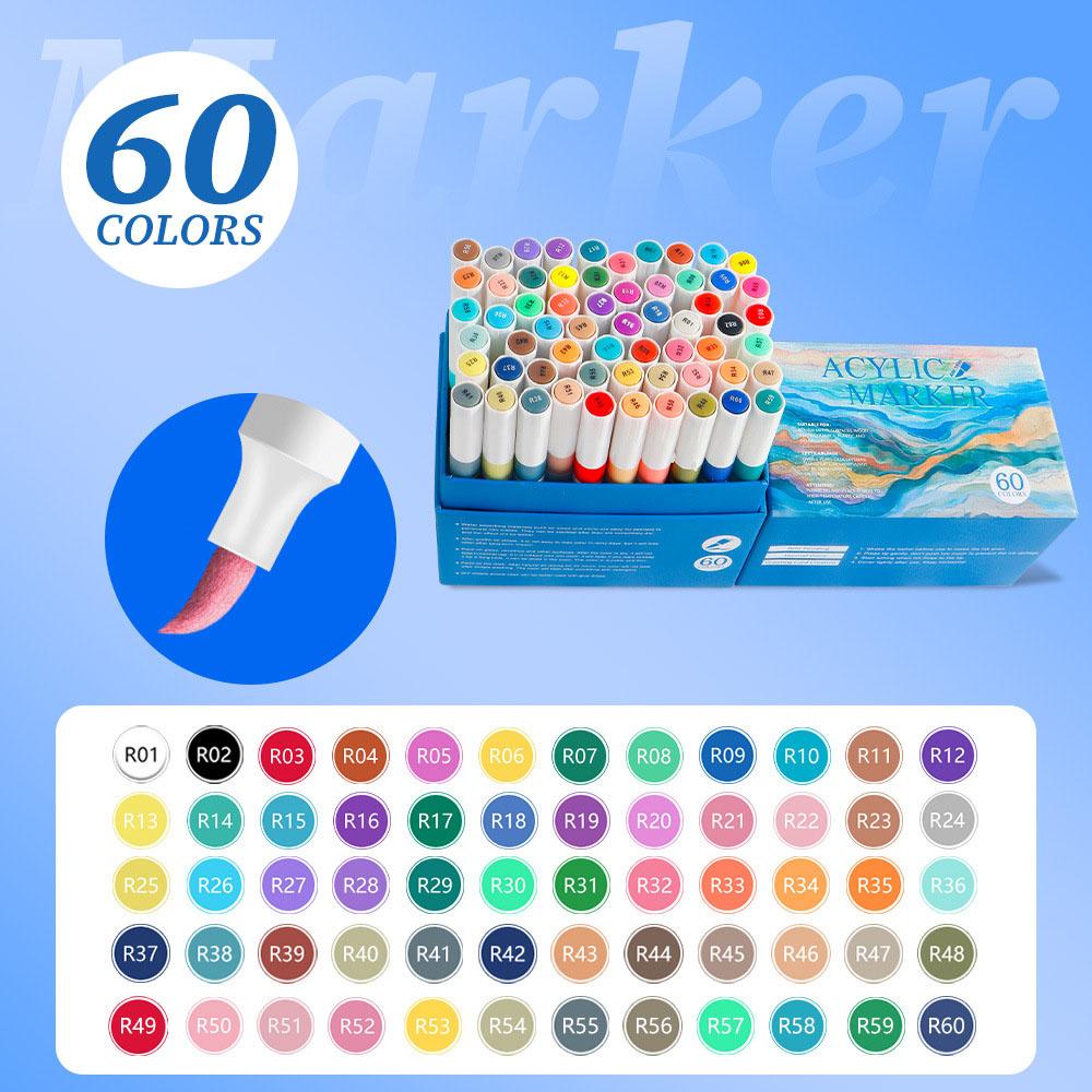 60 Colors Straight Liquid Acrylic Paint Markers, Water-Based Ink Brush Pens for Adult Coloring Books, Rock, Wood, Ceramic Fabric