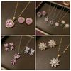Pink Little Bear Zircon Niche Cute Cartoon Earrings Set - Japanese Korean Style Necklace & Stud Earrings for Women