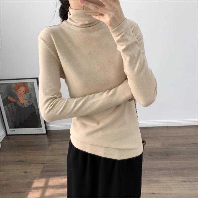 Women's Fluffy Cowl Neck Thickened T-Shirt - Slim, Velvet-Lined, Warm High Neck for Autumn/Winter