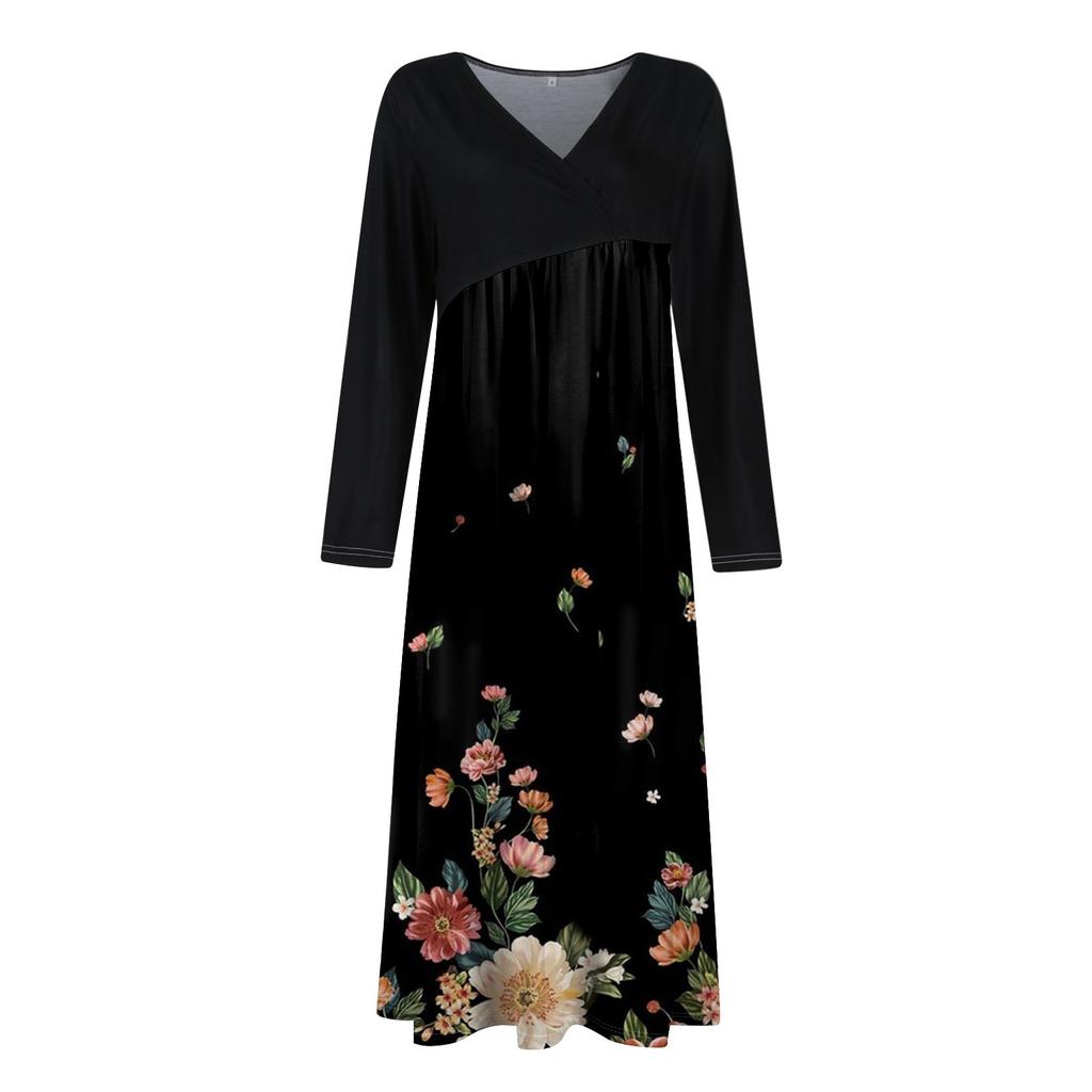 Rochie de damă, lejeră, cu decolteu în V, cu mâneci lungi, imprimeu Rochie largi și supradimensionată