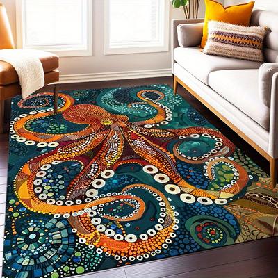 Large Crystal Velvet Area Mat Vintage Octopus Design Non Slip Fade Resistant Machine Washable Living Room Bedroom Game Room