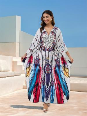 2024 Kobiety Plus Size Kaftan Wzór w Stylu Tribal Dekolt V Rękaw Nietoperz Szata Sukienka Letnie Wakacje Odzież Plażowa Okrycie na Strój Kąpielowy