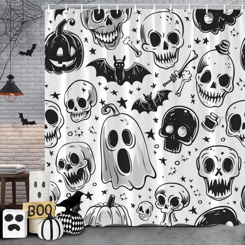 Spooky Horror Halloween Skeleton Crow Shower Curtain Black Bat Black Cat Polyester Fabric Bath Curtain Bathroom Decor With Hoo
