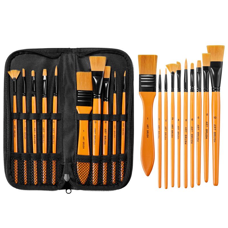 Foreign Trade Nylon Painting Brush Set - 10 Pieces, Red & Blue Handles, Flat Gouache & Oil Brushes