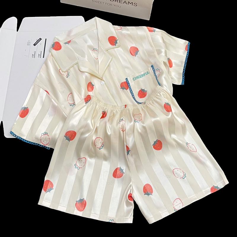 Sweet Strawberry Ice Silk Pajamas Women'S Summer Short Sleeve Shorts Silk Loungewear Set