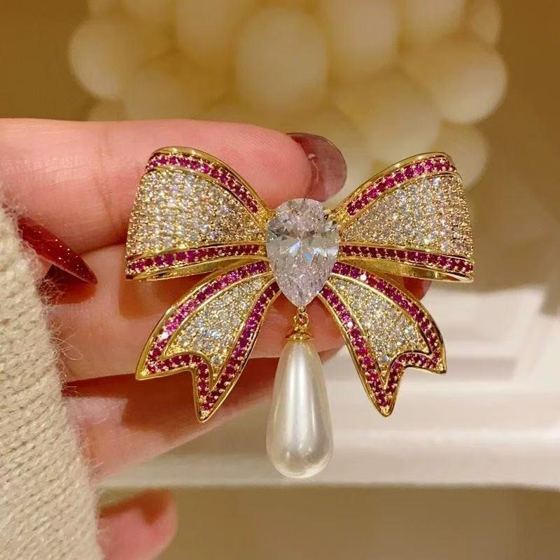 Elegant French Retro Rhinestone Bow Brooch Lapel Pin