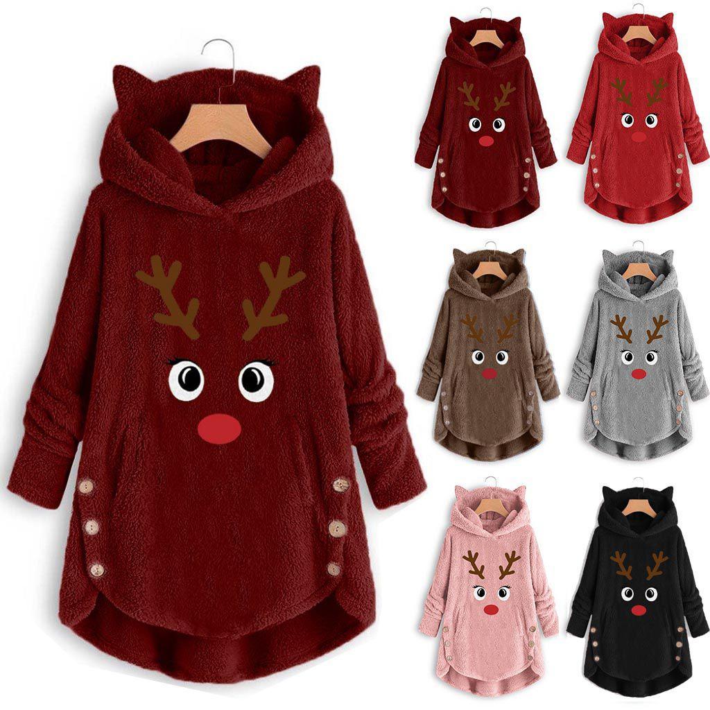 Cozy Fluffy Women's Christmas Sweatshirt With Adorable Elk Pattern And Cat Ear Design
