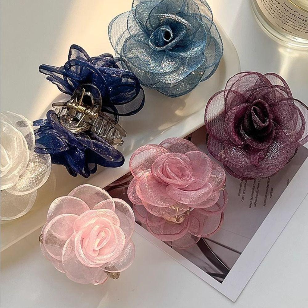French Style Camellia Shark Clip Mesh Flower Claw Clip Simple Simulation Flower Hair Claw  Girl