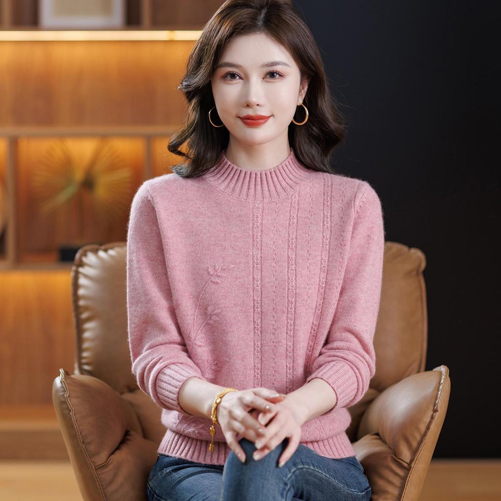 High-Grade Wool Sweater: Semi-High Collar, Fashionable Embroidery, Thick Knit for Middle-Aged/Elderly Women, Winter Warmth.