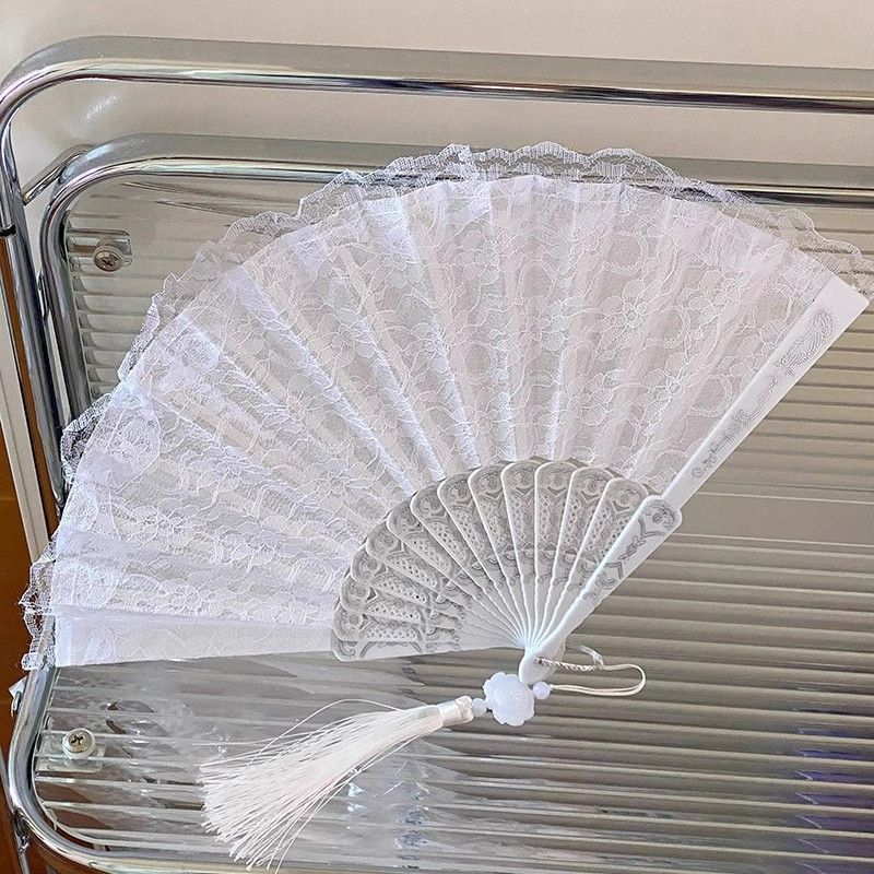 Folding Fan Lace Flower Decor Chinese Style Fan Hand Held Anitque Art Craft Japanese Summer Female Dance Home Party Decoration