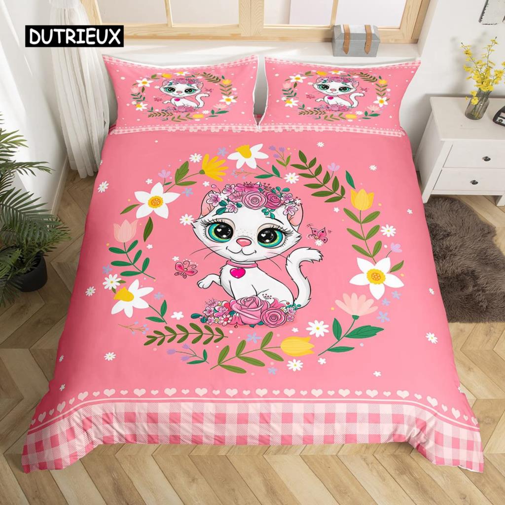 Cartoon Tier Hund Bettbezug King Size Rosa Büffel Bettdeckenbezug Floral Welpe Prinzessin Bettwäscheset Hundeliebhaber Schlafzimmerdeko
