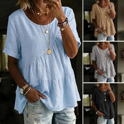 Damen T-Shirt Rundhals Kurzarm Rüschen-Spleißdesign T-Shirt Einfarbige