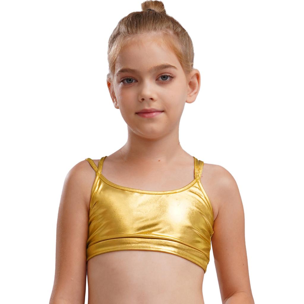 Girls Gymnastics Dance Camisole Crisscross Strappy Back Metallic Crop Top