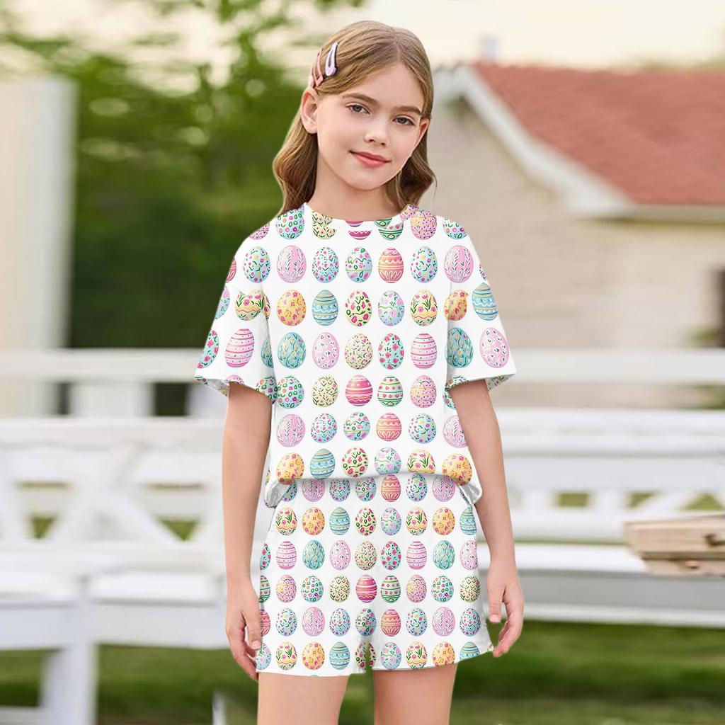 Kid Patriotic Outfit - Short Sleeve & Shorts 2-Piece Set For Girl Easter Day