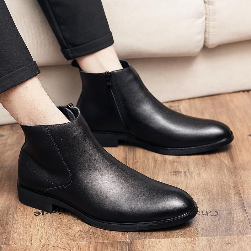 Fashion Winter Wine Red Men's Fashion Chelsea Boots Concise Genuine Leather Short Boots Classic Business ZIP Ankle Boots Black Shoes