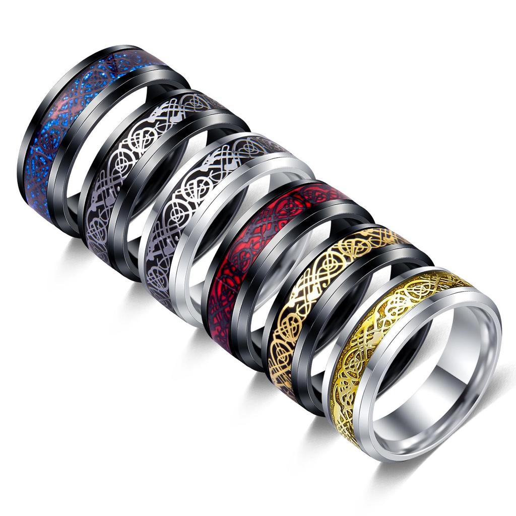 8mm Men's Stainless Steel Celtic Dragon Black Wedding Ring Set