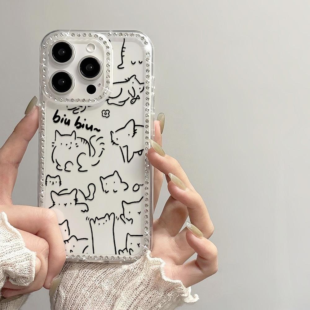 Cute Cat Shiny Glitter Rhinestone Phone Case For iPhone 17 Pro Max Case iPhone 15 12 11 14 13 16 Pro Max 17 Air Soft Clear Cover