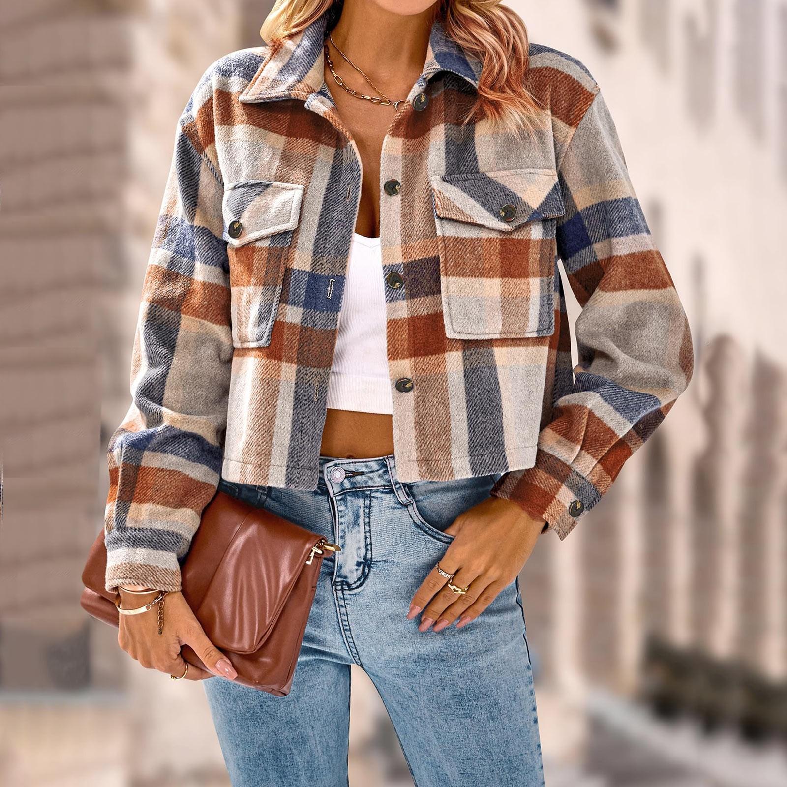 

Женская повседневная модная однобортная куртка с карманом и лацканами, короткая клетчатая куртка XL хаки