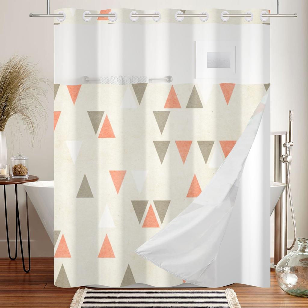 Hookless Double Layer Shower Curtain Geometric Pattern Printed Removable Lined Bathtub Waterproof Bathroom Curtains Decoration