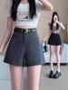 Women's High-Waist Summer A-line Booty Shorts - Black Outwear Slimming, Loose, Casual Wide-Leg Pants