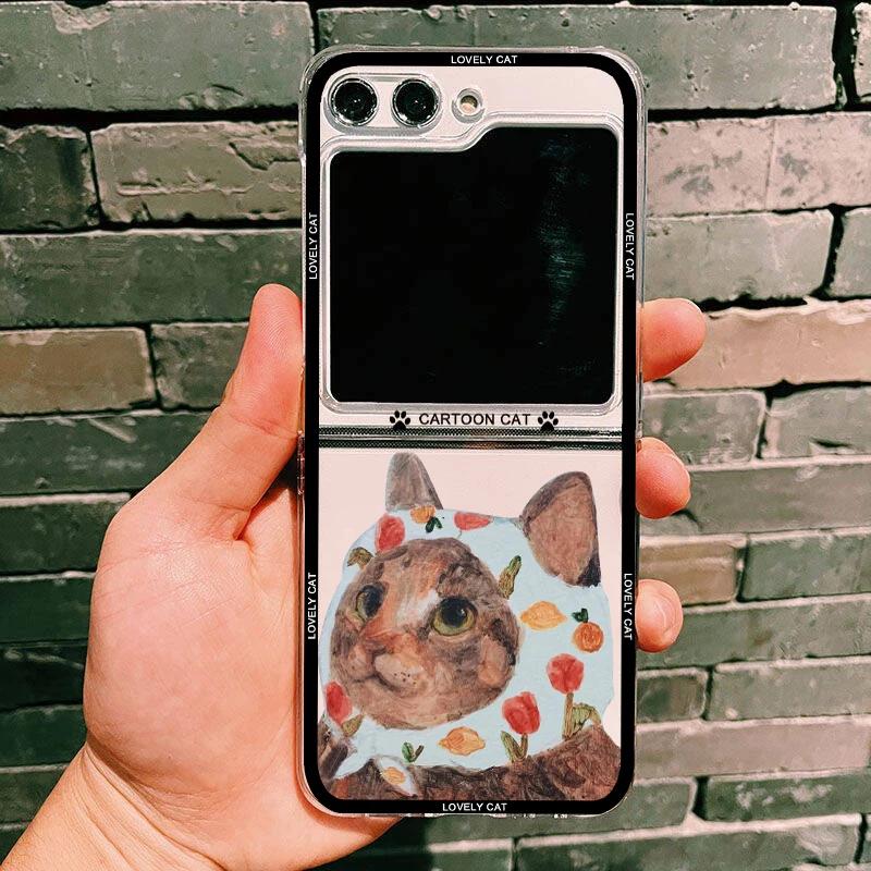 Funny Cute Cartoon Cat Phone Case For Samsung Galaxy Z Flip 6 5 4 3 For Samsung Flip6 Flip5 Flip4 Hard Folding Transparent Cover