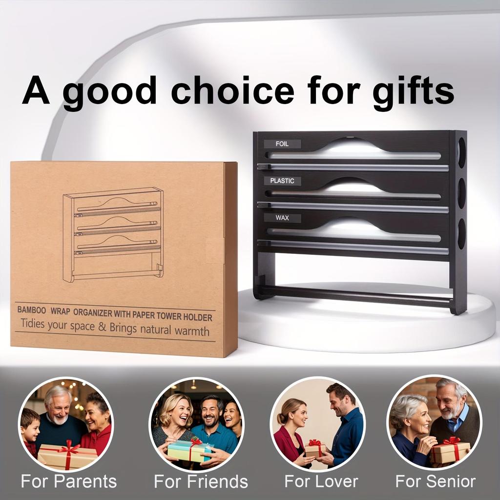 Bamboo Wrap Dispenser with Paper Towel Holder, 3-Section Kitchen Organizer for Foil, Plastic Wrap with Cutter and Storage Rack for Kitchen Accessories