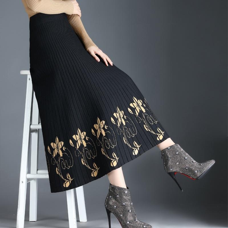 Fustă tricotată pentru femei Toamnă și Iarnă Lungime medie Talie înaltă Fustă plisată Fustă în A