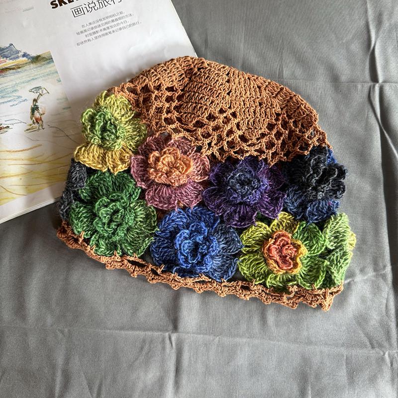 Style Knitted Ethnic Hat With Hollow Out Design And Flower Decoration Daily For