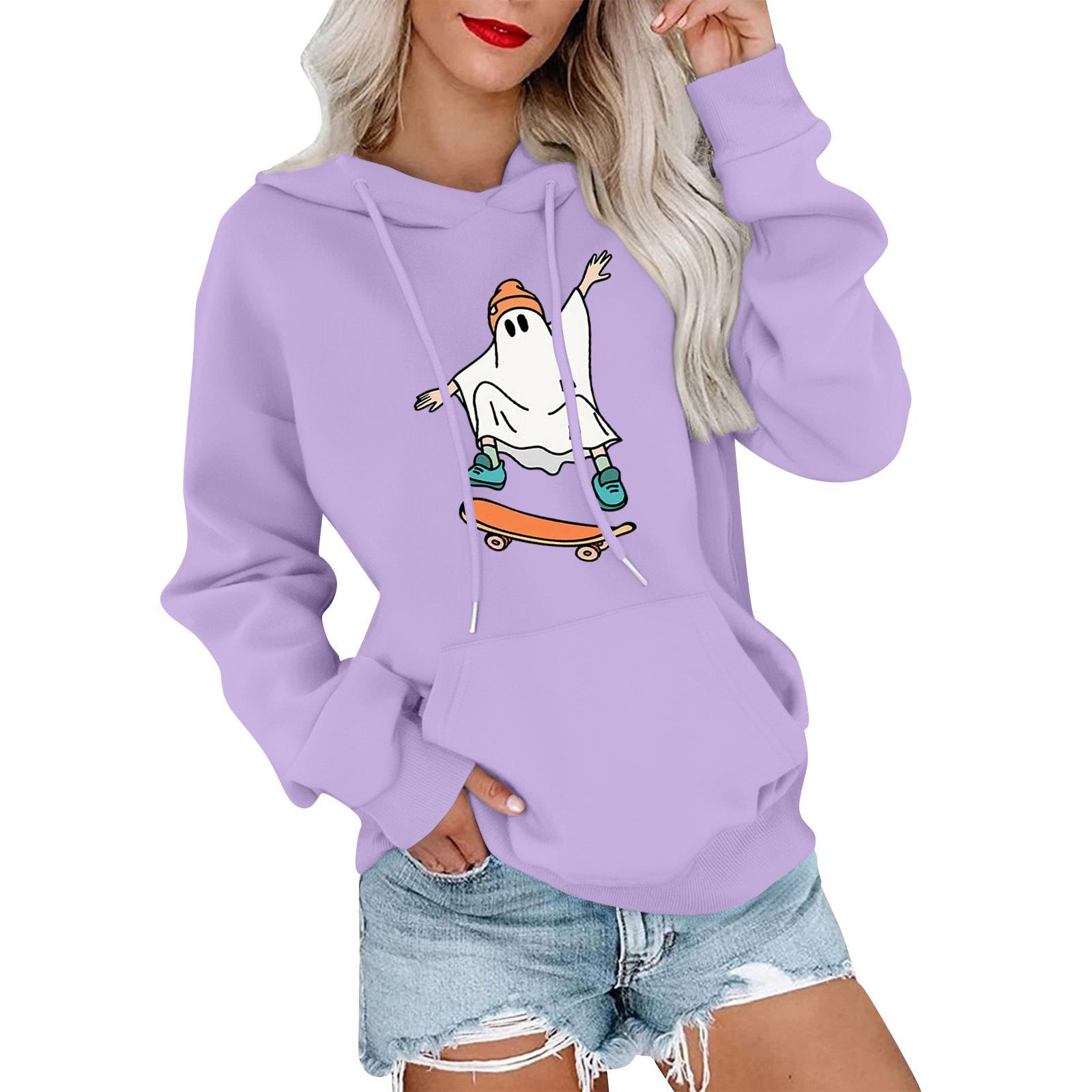 

Women s Fashionable, Casual, Comfortable Round-neck, Hooded, Long-sleeved, Halloween-print Warm Sweater M фиолетовый