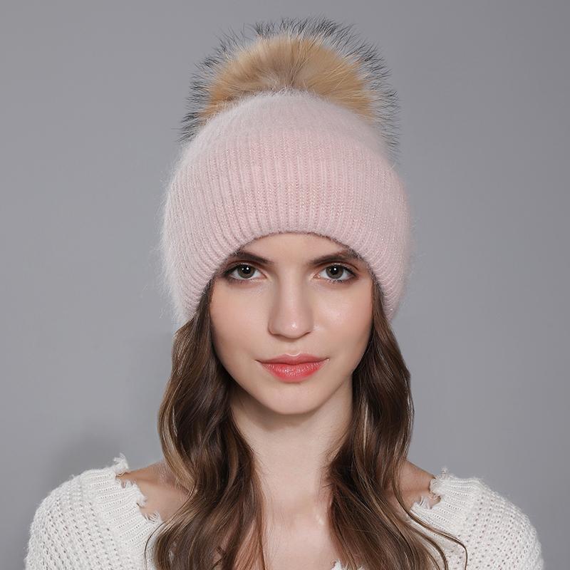 Hat For Women Angora Rabbit Fur Beanies With Natural Raccoon Fur Pompom Hats Winter Knitted Warm Silver Wire Female Cap