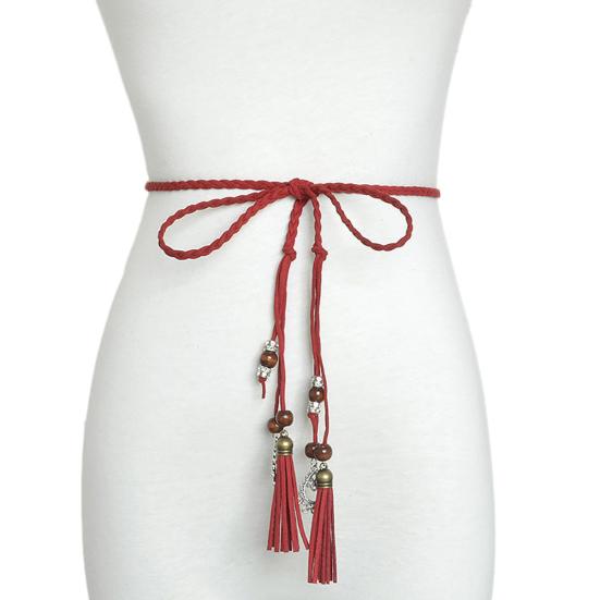 Women Braided Beads Tassels Thin Skinny Waist Rope Belt Self-Tie Dress Waistband