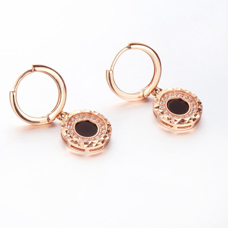 Purple Gold-Plated Rose Gold Black Stone Cart Flower Side Drill Geometric Round Ear Buckle Women'S Earrings