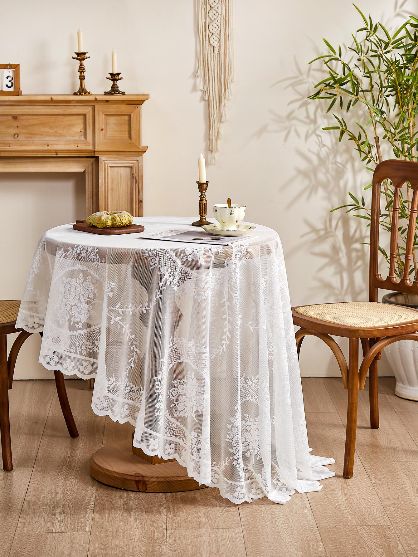 White lace tablecloth round mirror flower vine pattern living room dining table decoration 90x90cm  round белый