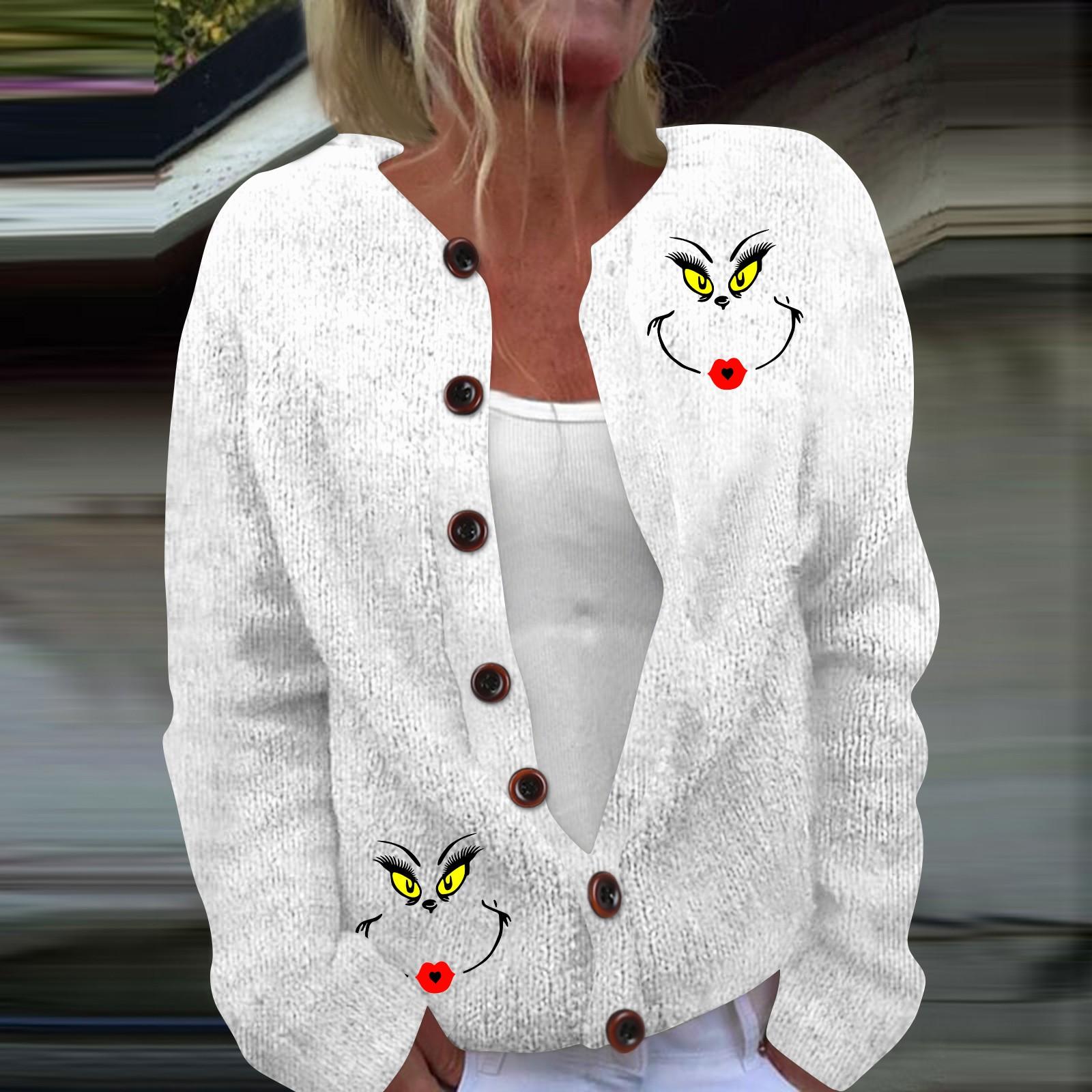 

Женская мода рождественский принт длинный рукав вязаный кардиган пуховик XXL белый