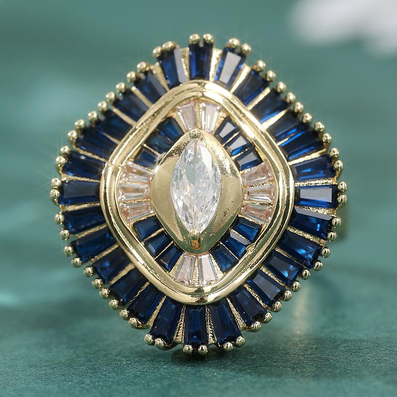 Gorgeous Inlaid White Blue CZ Women's Ring Aesthetic Gold Color Geometry Daily Wear Party Jewelry Anniversary Gift